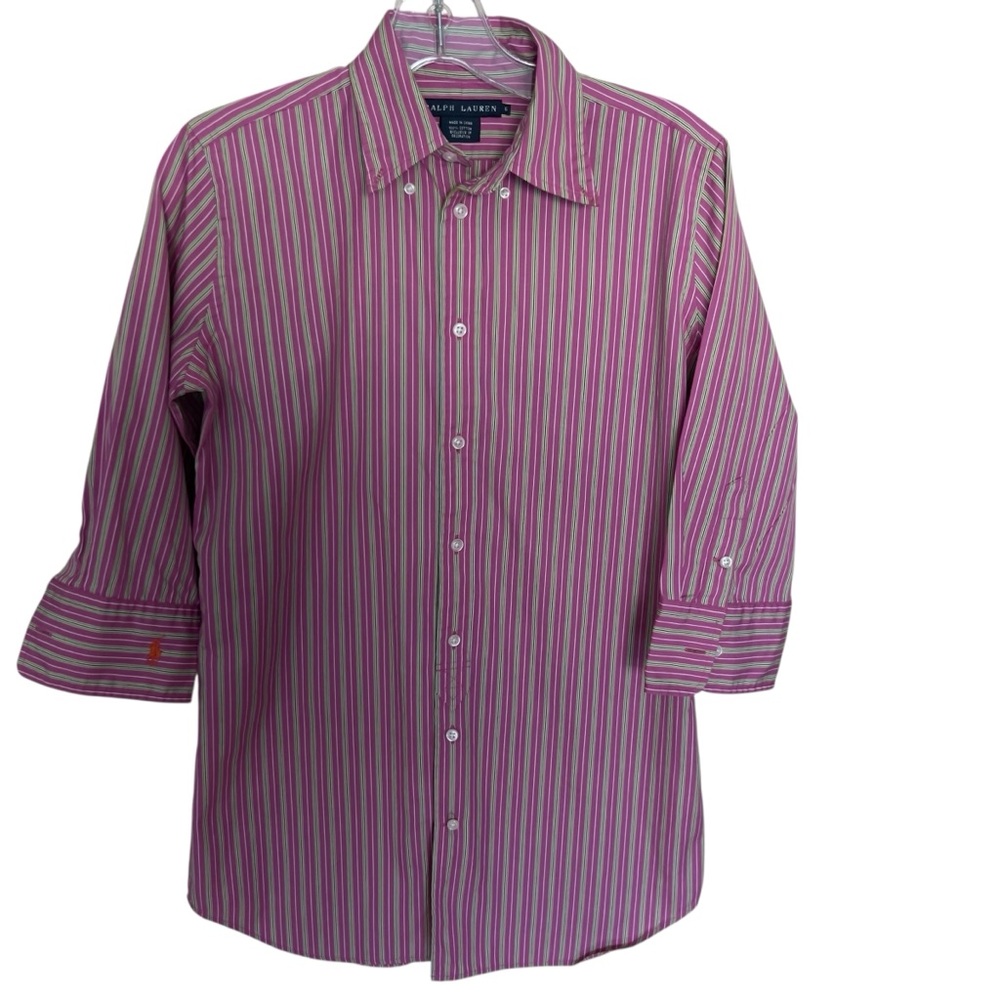 Ralph Lauren Multi Striped Button Down Preppy Business Cotton Sleeve Shirt SZ 6